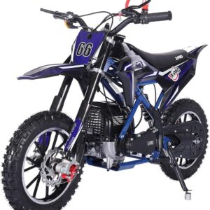 alt="X-PRO Hawk Mini Dirt Bike riding on a dirt trail, showcasing its vibrant blue color and rugged design.