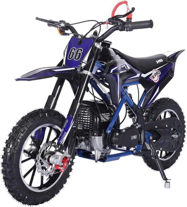 alt="X-PRO Hawk Mini Dirt Bike riding on a dirt trail, showcasing its vibrant blue color and rugged design.