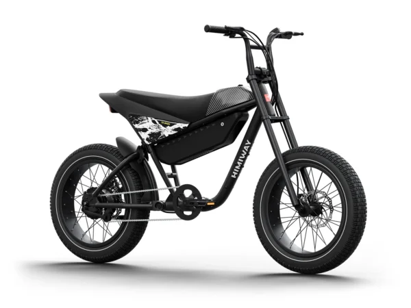 alt="Himiway C5 Electric Motorbike riding through a busy city street, showcasing its sleek design and urban versatility."